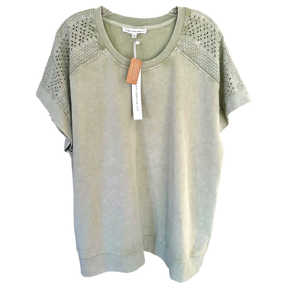 Jane & Delancey Women's Garment Dye Blouse Short Eyelet Sleeve Plus Size 1X Sage